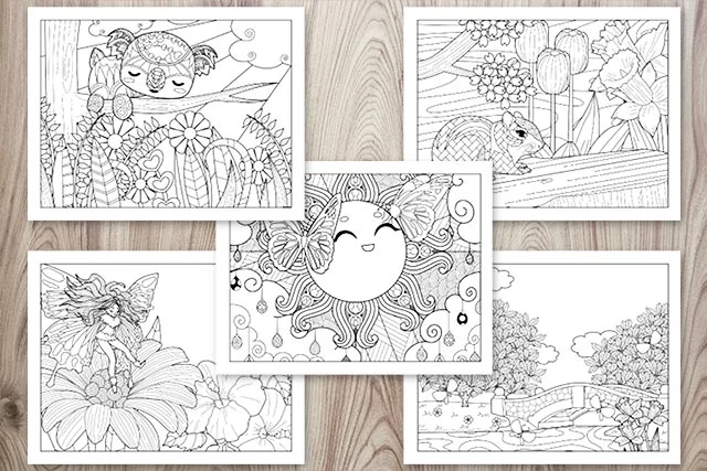 Five spring coloring pages on a wood background. One page has a sleeping sloth, another page has a squirrel with flowers, the third page has a fairy playing on a flower, the fourth page is the sun smiling with butterflies, and the last page is a bridge in a park