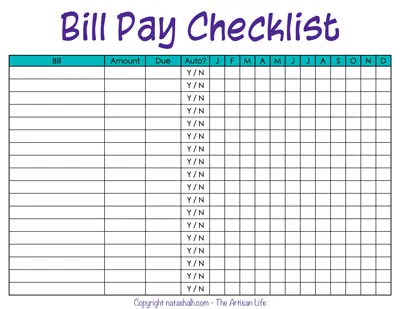 bill pay checklist free printable