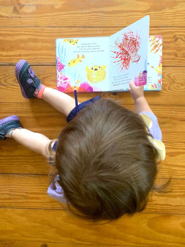 toddler reading a book about fish