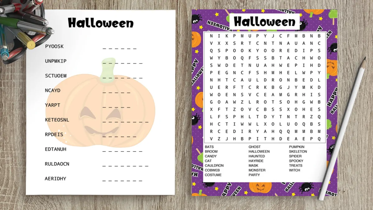 free printable halloween word search and word scramble
