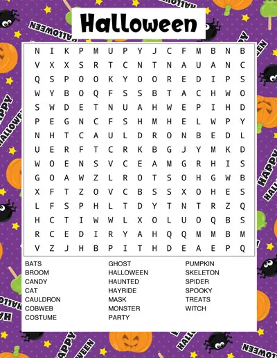 halloween word search with purple background