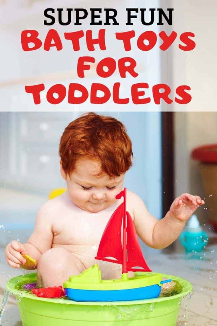 Photo of toddler in tub with caption "super fun bath toys for toddlers"