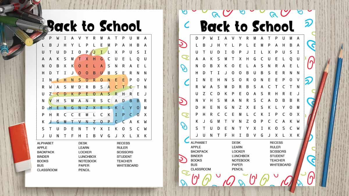 two free printable back to school wood searches on a wood background. There are also two pencils and an eraser on the table.