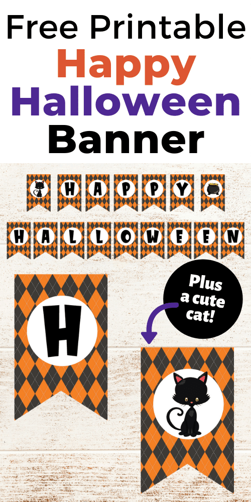 free printable happy halloween banner with a cute black cat