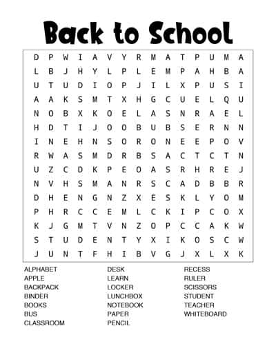 preview of black and white back to school word search