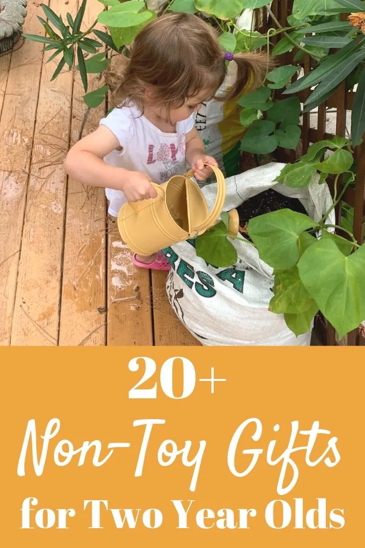 20+ Non-Toy Gifts for 2 Year Olds text overlay on top of toddler using a watering can