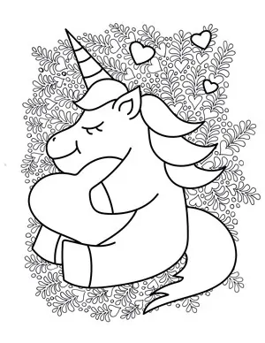 unicorn hugging a heart coloring page