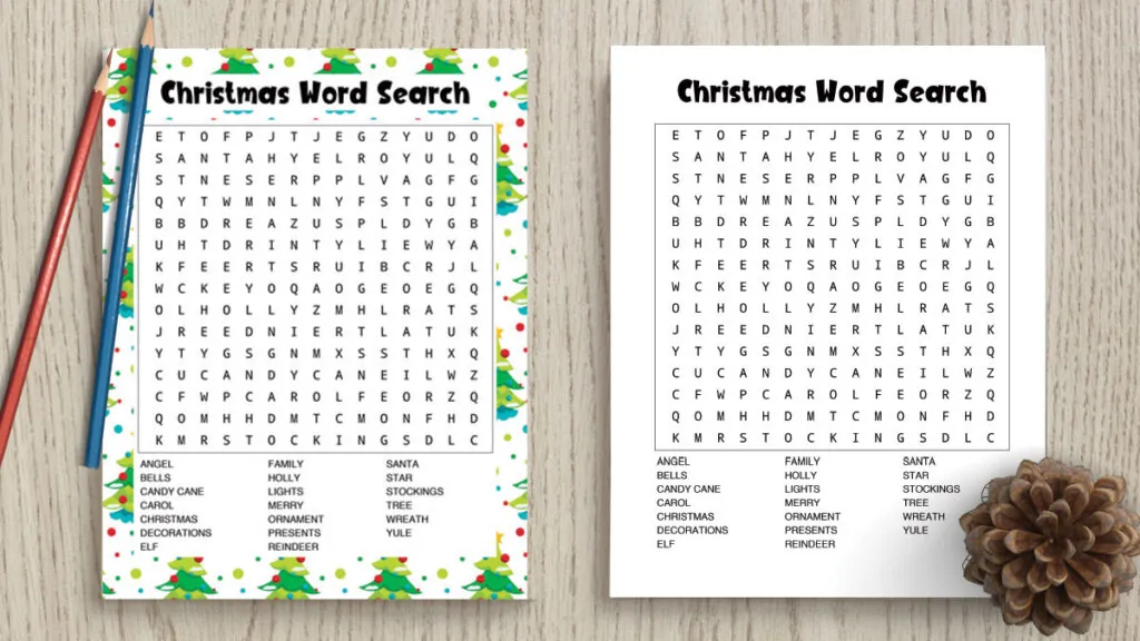 free printable Christmas word search in color and black and white