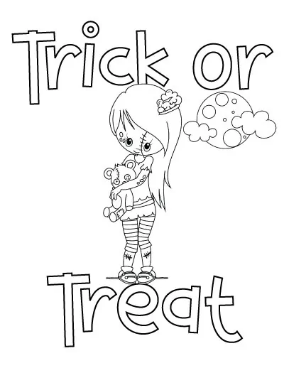 cute girl zombie trick or treat coloring page