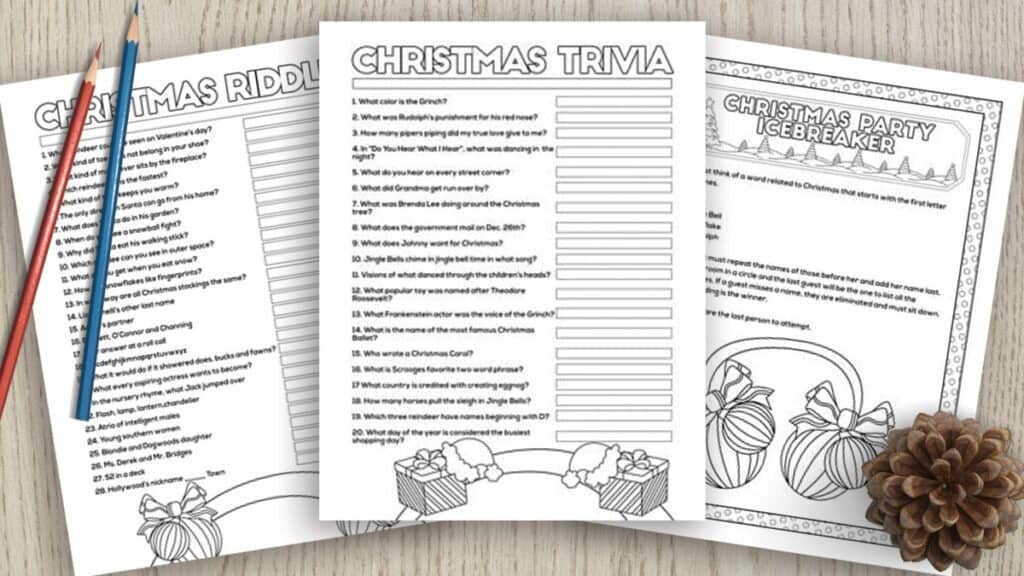 free printable christmas games including Christmas riddles, Christmas trivia, and a printable Christmas party icebreaker game