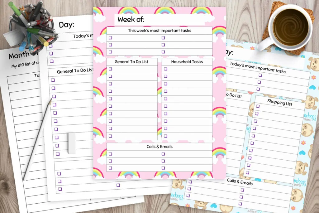 free to do list printables. There are four printables on a mockup of a table with a cup of coffee and canister of pens and pencils. One weekly printable has a rainbow background. One has a cute sloth background. The other two are minimalist and feature lines for recording tasks and checkboxes