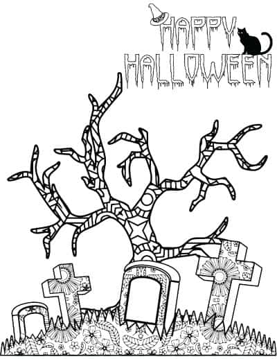 happy halloween graveyard coloring page