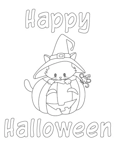 happy halloween cute cat coloring page