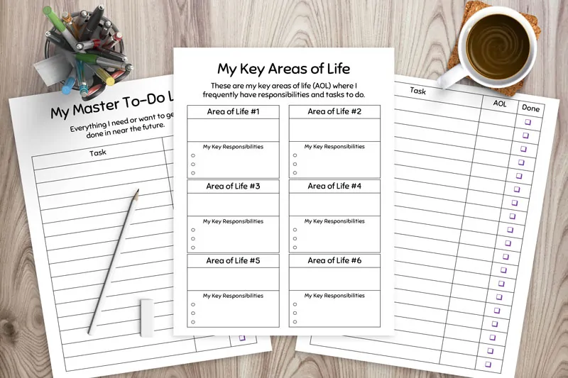 Preview image of three printable to do lists on a mockup of a table with a cup of coffee and container or pens and pencils. The printables have places to write out areas of line, a master to do list for the near future, and checkboxes to make things off when completed