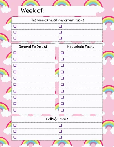 cute rainbow weekly to do list with spots for the week's most important tasks, a general to do list, shopping list, and calls/emails