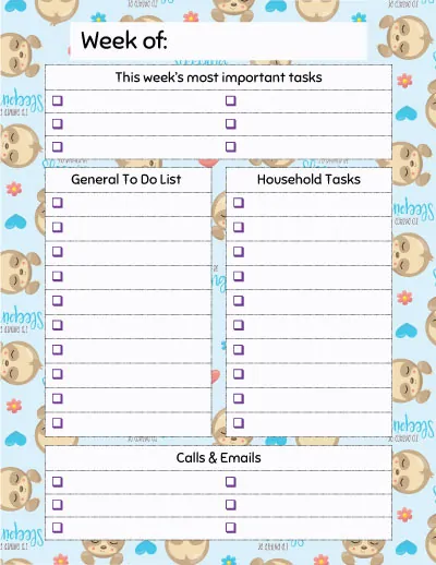sloth-weekly-checklist with spots for the week's most important tasks, a general to do list, shopping list, and calls/emails