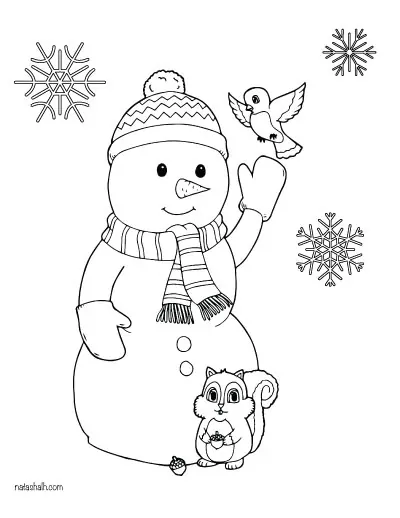 snowman coloring page with birds and snowflakes