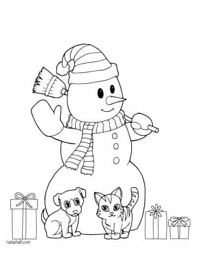 snowman with cat, dog, and presents - snowman coloring page