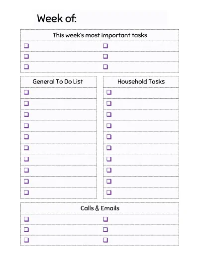 weekly to do list printable with purple check boxes. There are spaces for this week's most important tasks, a general to do list, household tasks, and calls/emails
