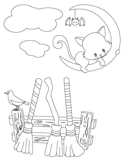 witch booms, moon, and cat coloring page