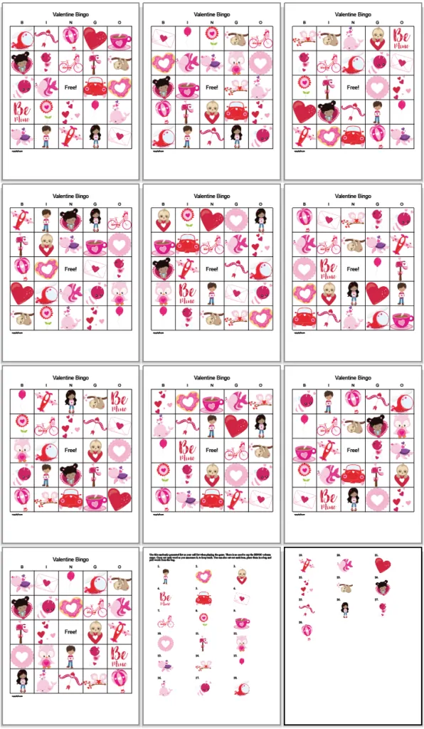 set of 10 free printable Valentine bingo cards