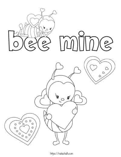 two Valentine's Day bees with hearts coloring page