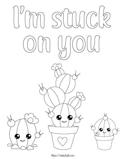 text "I'm stuck on you" with three cacti to color