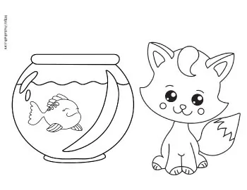 coloring page of cute cat beside a fish bowl with a goldfish in it
