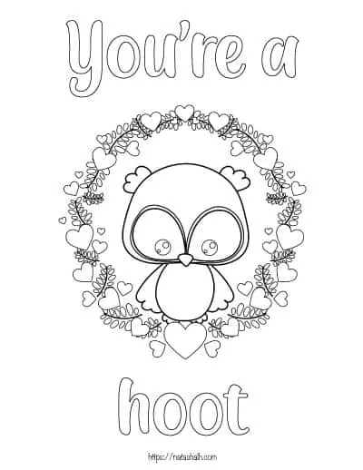 coloring page with an owl sitting in a wreath and the text "you're a hoot"