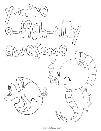 text "you're o-fish-ally awesome" with a seahorse and a fish to color