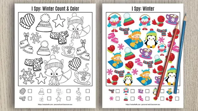 two free printable winter I spy puzzles on a wood background