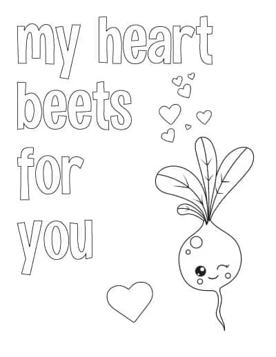 printable valentine coloring page with a cute beet and text "my heart beets for you"