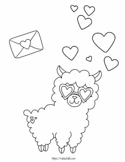 cute llama coloring page with hearts