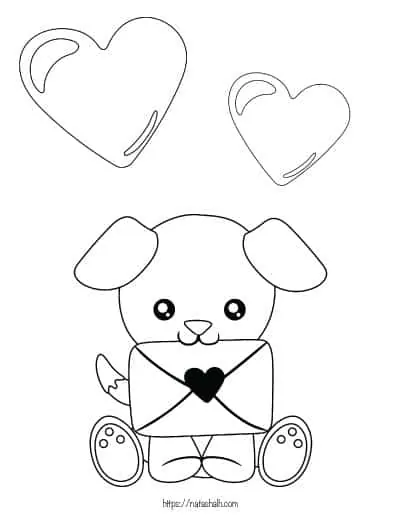 coloring page with a puppy holding a valentine card
