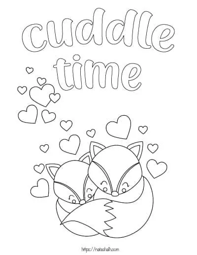 coloring page of two foxes cuddling with hearts