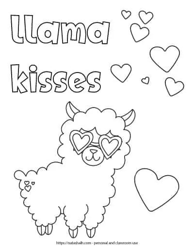 Text "llama kisses" in bubble letters in the top left corner of a printable coloring page. The page features a cartoon llama wearing heart sunglasses. There are also 8 hearts to color in the background.