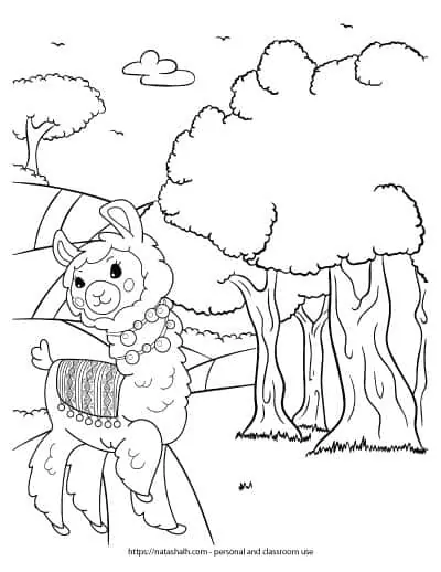 A cute llama walking on a path in the woods. The llama has a blanket with pompoms on it and two pompom necklaces. The llama is standing on a path that runs over hills next to several trees.