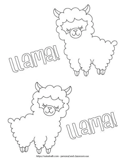 Two cute cartoon llama/alpcas with the text "llama! llama!" The llamas are in the top right and bottom left of the page. The text is in the top left and bottom right. 