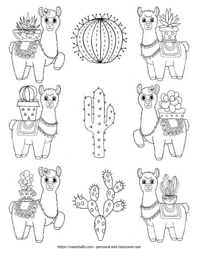 A free printable coloring page with llamas and cacti. There are 6 llamas - three down each long edge of the page. Each llama has a cactus in a pot on its back. A row of three large cacti runs down the middle of the page.