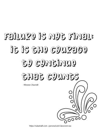 Simple coloring page with the quote "failure is not final: it is the courage to continue that counts - Winston Churchill" with a paisley decorative element in the bottom right corner.