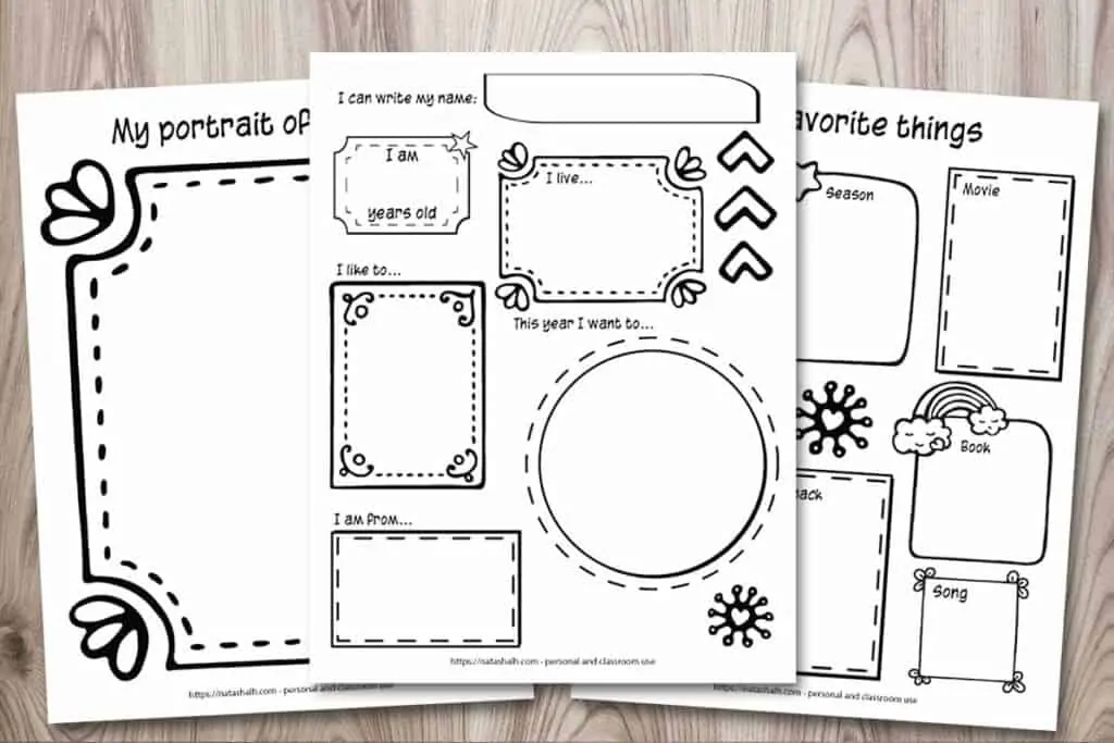 Three printable "all about me" worksheets for preschool, kindergarten, and elementary students. All pages feature hand drawn frames. The top/middle page says "I can write my name: I am (blank) years old, I live... This year I want to... I like to... I am from..." Behind to the left is a page for drawing a self portrait. Behind and to the right is a page with space for the child to write or draw their favorite things.