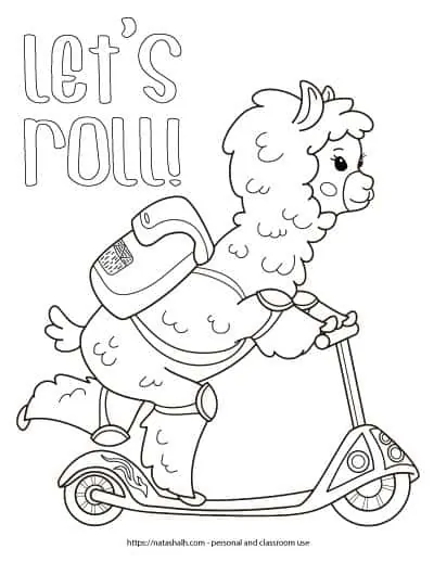 Free printable llama coloring page with a llama riding a scooter with a backpack. The llama has on knee pads and elbow pads and is looking forward. The text "let's roll!" is in bubble letters above the llama's backpack.
