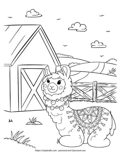 Free printable coloring page featuring a llama in front of a barn. The llama is ling down and wearing a blanket with tassels. There is a fence and mountain with a road in the background behind the barn. There are three clouds in the sky.