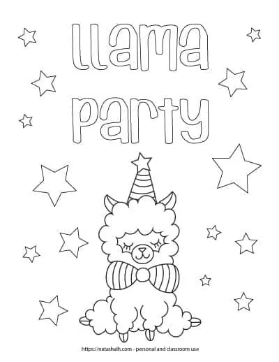 Text "llama party" in bubble letters above a sitting llama wearing a party hat and bow tie. The page is covered in stars to color.