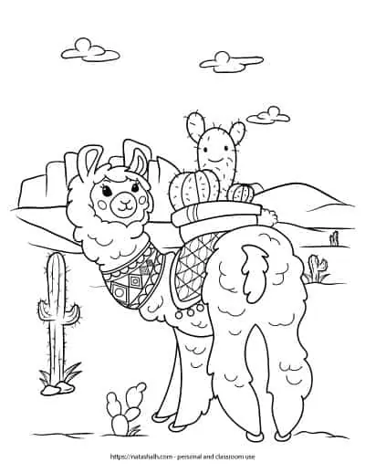 A coloring page featuring a cute llama with cacti on its back. The llama is wearing a blanket and balancing a pot with three cacti on its back. The llama's head is turned so it's looking over its shoulder at the cacti. The llama is standing in a dessert with additional cacti and a large rock formation in the background.