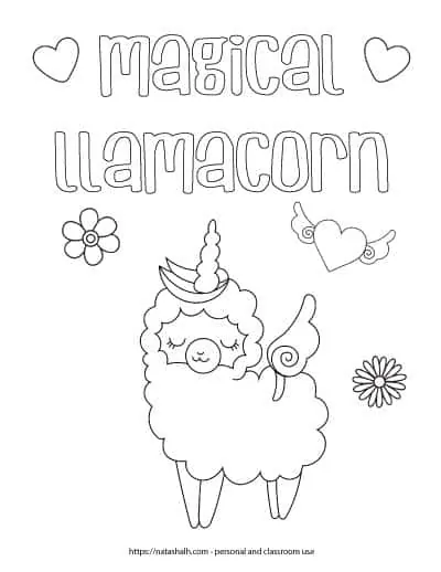 Coloring page with the text "magical llamacorn" in bubble letters with two hearts. Below the text is a cartoon llama unicorn - a cute llama wearing a unicorn horn. There are also two flowers and a heart with wings on the page.