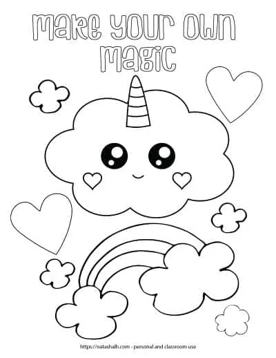 Cute coloring page for kids with a cloud with a kawaii face. The cloud has hearts for cheeks and a unicorn horn. There is a rainbow with only three stripes surrounded by abstract small clouds. There are also two large hearts to color and the text "make your own magic" in bubble letters at the top of the page.