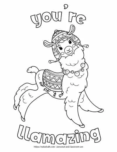 Text "you're llamazing" in bubble letters around a jumping llama. The llama is leaping. It is waring a square blanket with tassels and a necklace with bobbles. The llama has a chulo hat on its head.