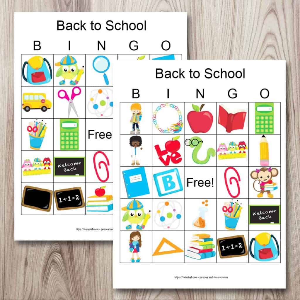 two free printable back to school themed bingo boards on a wood background. The cards each have 24 back to school cartoon images like chalkboards, books, and school supplies