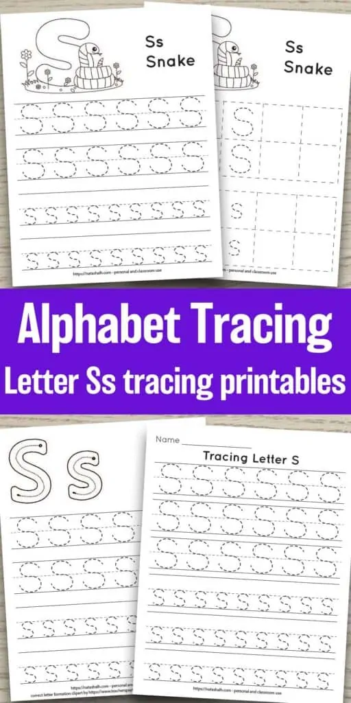 Text "Alphabet tracing letter Ss tracing printable" in the center of a long, tall image with four printable previews on a wood background. Each worksheet features the letter in capital and lowercase in a dotted font for easy tracing. Three worksheets have lines and one worksheet has boxes to fill in with the letter. Two of the pages feature a cute cartoon snake to color